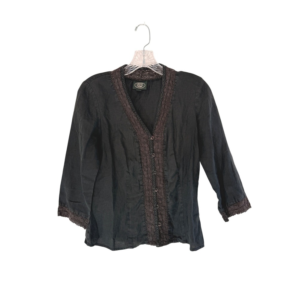 Laura Ashley Linen Blouse Black V-Neck Lace Trim Lagenlook Basic Casual Size 6